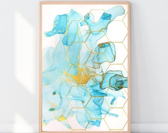 Turquoise and Gold Honeycomb Art Print, Watercolor Wall Art for Bee Lovers, Print at Home Hexagonal Poster