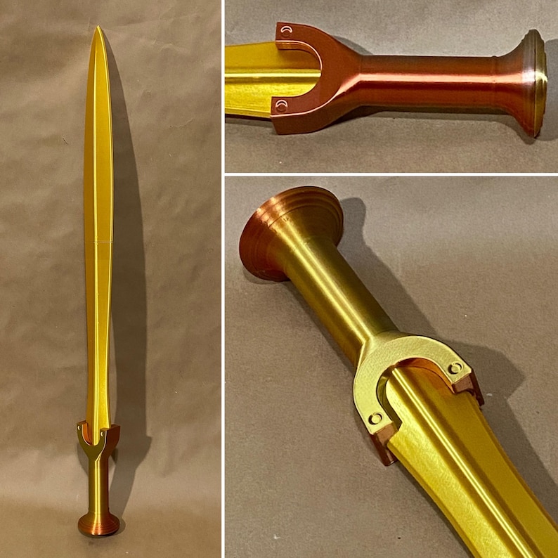 May include: A gold-colored sword with a unique, three-pronged hilt. The sword is made of plastic and has a smooth, shiny finish.