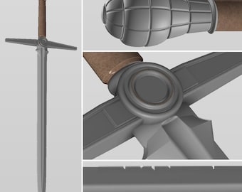 May include: A silver sword with a brown leather handle and a decorative pommel. The pommel is shaped like a sphere with a textured surface.
