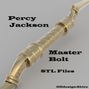 May include: A gold-colored 3D printed model of a weapon called "Master Bolt" with intricate details. The model is labeled "Percy Jackson" and "STL Files".