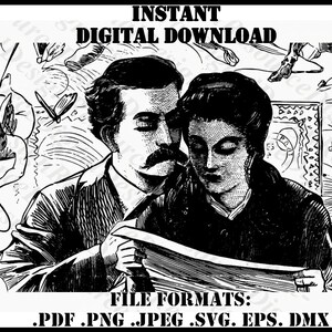 Puede incluir: Ilustración en blanco y negro de una pareja leyendo un libro juntos. El hombre tiene bigote y lleva traje. La mujer tiene el pelo largo y lleva un vestido. La imagen es de estilo vintage.