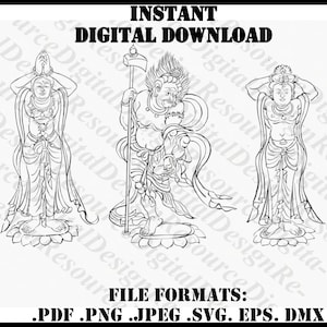Pode incluir: Três desenhos em preto e branco de figuras da mitologia japonesa. As figuras estão de pé em flores de lótus. As figuras são rotuladas como "Não veja o mal", "Não ouça o mal" e "Não fale do mal".