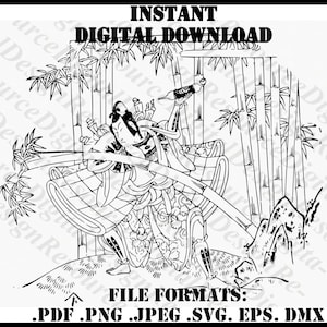 Japanese Samurai, Traditional Japanese Line Art, Graphic Design, Instant Download, png, eps, dxf, Line Art SVG, SVG File for Cricut Machine
