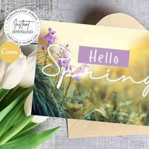 Hallo Frühling Postkarte, Makler Farming Karte, Makler Frühling Karte, Immobilien Marketing, bearbeitbar, Canva, Instant Download