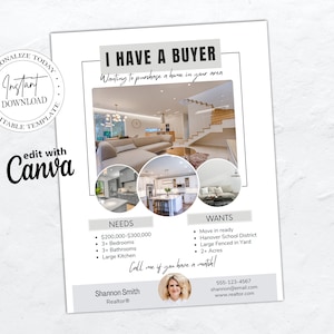 Tengo un folleto de comprador de bienes raíces, una carta de marketing de bienes raíces, un folleto para agentes de bienes raíces, una plantilla de Canva imprimible