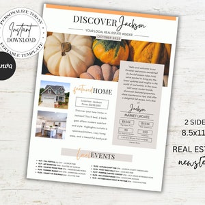 Real Estate Newsletter Template, October Real Estate Newsletter, Real Estate Marketing, Flyer, Mailer, Fall, Autumn, Canva, Printable