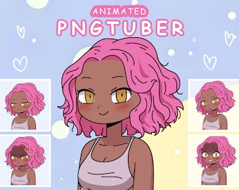 Dark skin pngtuber model, Animated giftuber, Pink hair girl, 10 expressions / poses, Premade streaming avatar, twitch, YouTube, veadotube