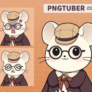 May include: Animated cartoon mouse wearing a brown hat and glasses. The mouse has a white face and a brown body. The mouse is wearing a red bow tie with a gold bell. The mouse is looking at the viewer with a surprised expression.