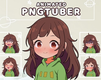 Cute Girl PNGTuber with brown hairs and green shirt | Premade Animated Giftuber | Streaming avatar | Chibi and kawaii design | Veadotube
