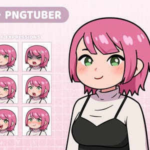 May include: A digital illustration of a cartoon character with pink hair and green eyes. The character is wearing a white turtleneck and a black tank top. The image includes six different expressions of the character, including happy, sad, angry, surprised, and shy.