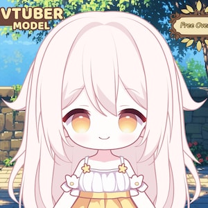 May include: A cartoon illustration of a young girl with long, white hair wearing a yellow and white dress. The background is a blurred image of a stone wall and green foliage.