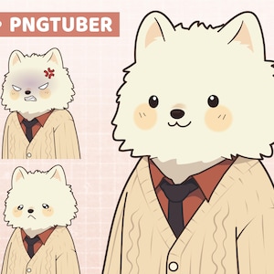 May include: Animated PNGTuber graphic of a white cartoon dog with three expressions: happy, angry, and sad. The dog wears a red shirt, black tie, and beige cardigan. The text "PNGTUBER" is in the top left corner.