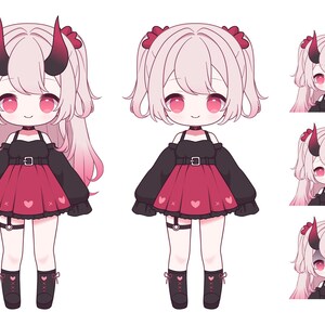 Może przedstawiać: Cyfrowa ilustracja postaci anime z r&oacute;żowymi włosami, czerwonymi rogami i czarno-czerwoną odzieżą. Postać jest przedstawiona w czterech r&oacute;żnych pozach, z r&oacute;żnymi wyrażeniami twarzy.