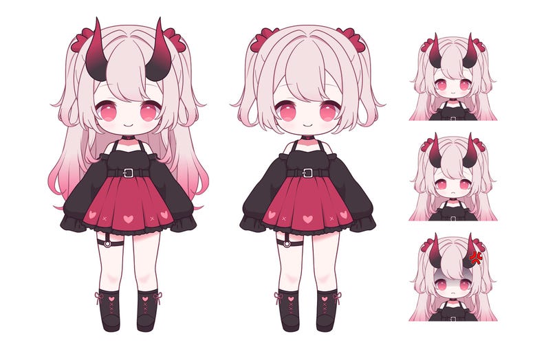 Może przedstawiać: Cyfrowa ilustracja postaci anime z r&oacute;żowymi włosami, czerwonymi rogami i czarno-czerwoną odzieżą. Postać jest przedstawiona w czterech r&oacute;żnych pozach, z r&oacute;żnymi wyrażeniami twarzy.