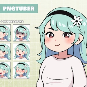 May include: Animated PNGTuber avatar with six different facial expressions. The avatar has light blue hair with a white flower, black headband, and a white shirt.