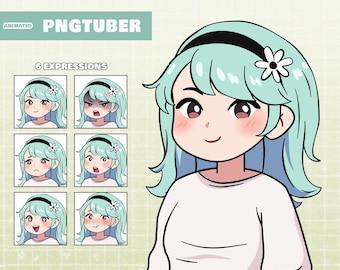 Mint Haired Girl PNGTuber: Chibi Avatar with 6 Expressions