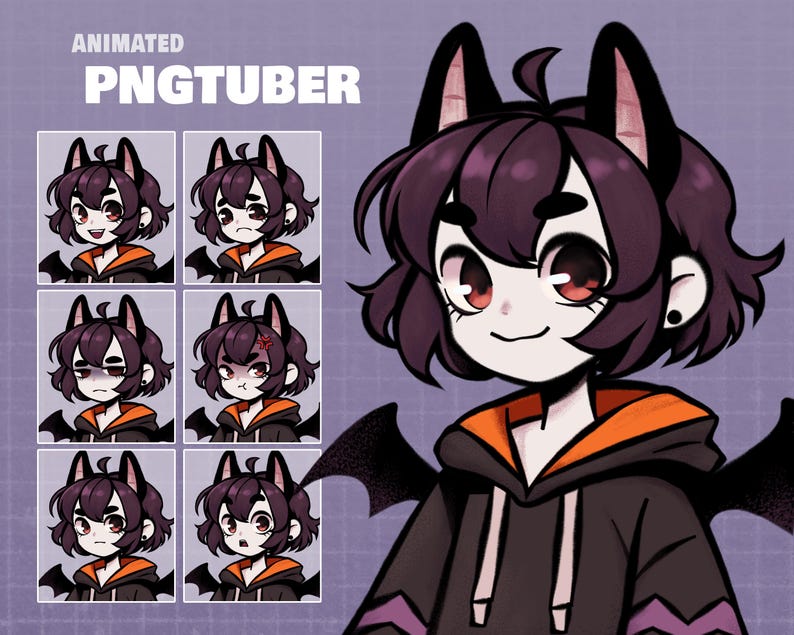 May include: Animated PNGTuber character with dark purple hair, bat ears, and red eyes. The character wears a black hoodie with an orange inner lining and purple accents. The image includes six different facial expressions and the text "Animated PNGTuber".