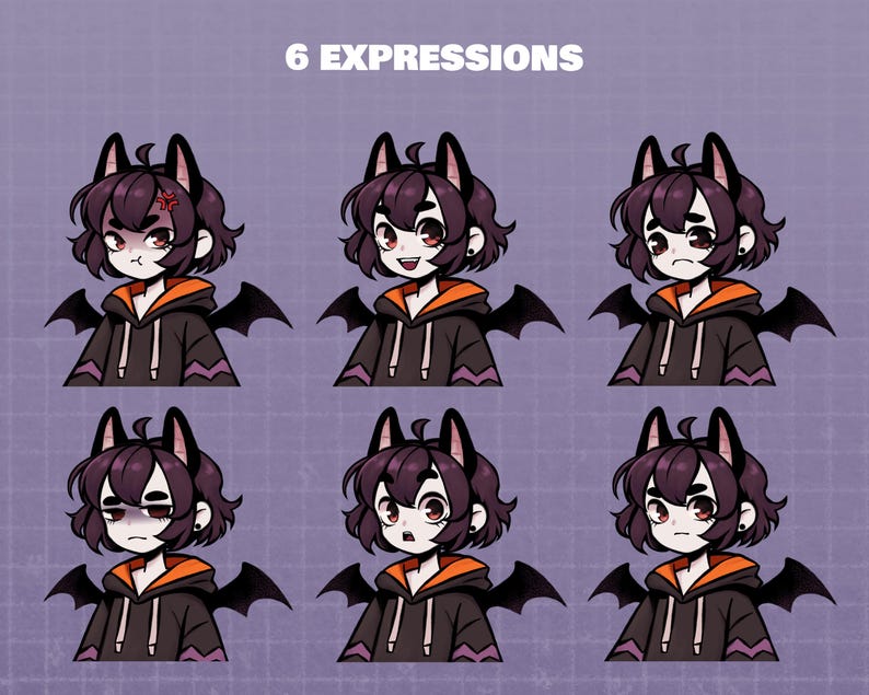 May include: Illustration of a character with bat-like features, displaying six different facial expressions. The character is wearing a black hoodie with orange trim and bat wings. The text "6 EXPRESSIONS" is at the top.