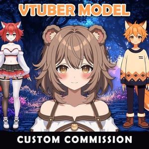 Könnte beinhalten: Ein Bild mit drei Anime-Charakteren mit tierischen Merkmalen. Der Text "VTUBER MODEL" steht oben und "CUSTOM COMMISSION" unten. Die Charaktere umfassen einen Fuchs, einen Bären und einen Fuchs.