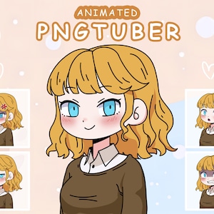 Peut inclure: Personnage de dessin animé animé avec des cheveux blonds et des yeux bleus. Le personnage porte un pull marron et une chemise blanche à col. Le personnage a différentes expressions faciales en arrière-plan.