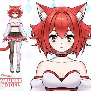 Premade Vtuber Crimson Red Catgirl, Full Body Rigged Live2d model, Ready to use on Vtube Studio