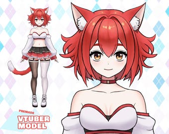 Premade Vtuber Crimson Red Catgirl, Full Body Rigged Live2d model, Ready to use on Vtube Studio