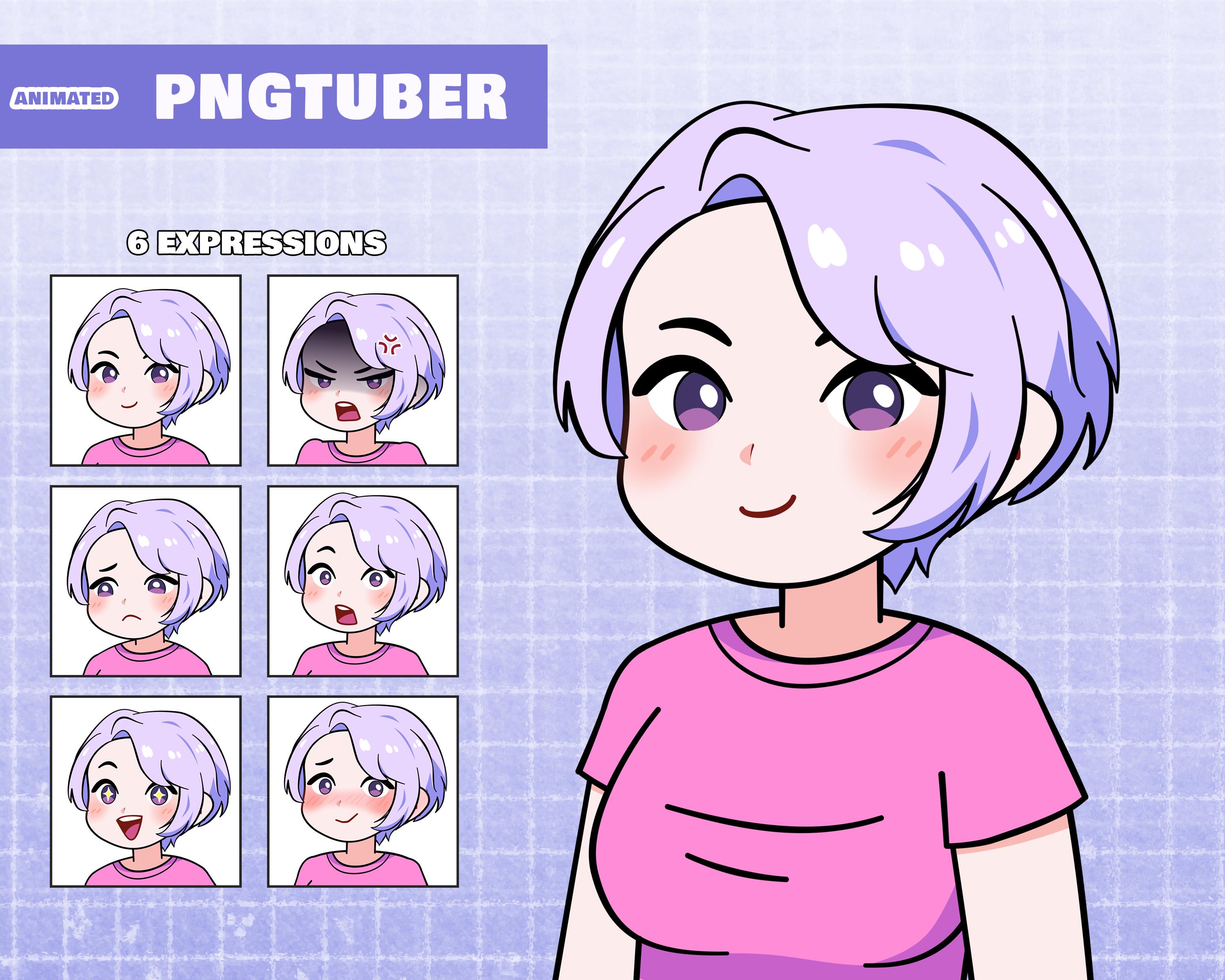 PNGTuber - Sweet Violet Haired Girl - Pink T-shirt  - Premade Animated Giftuber - Adorable Streaming avatar - Ready to use - Veadotube