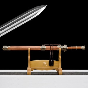 Handmade Chinese Sword Tang Dynasty Treasure Sword Ruyi Sword Real Sword Full Tang Damascus Steel Mahogany Scabbard Samurai Sword