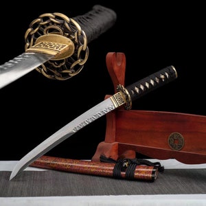 Short Japanese Samurai sword Damascus Steel katana Sword All Tang Fine Samurai Sword