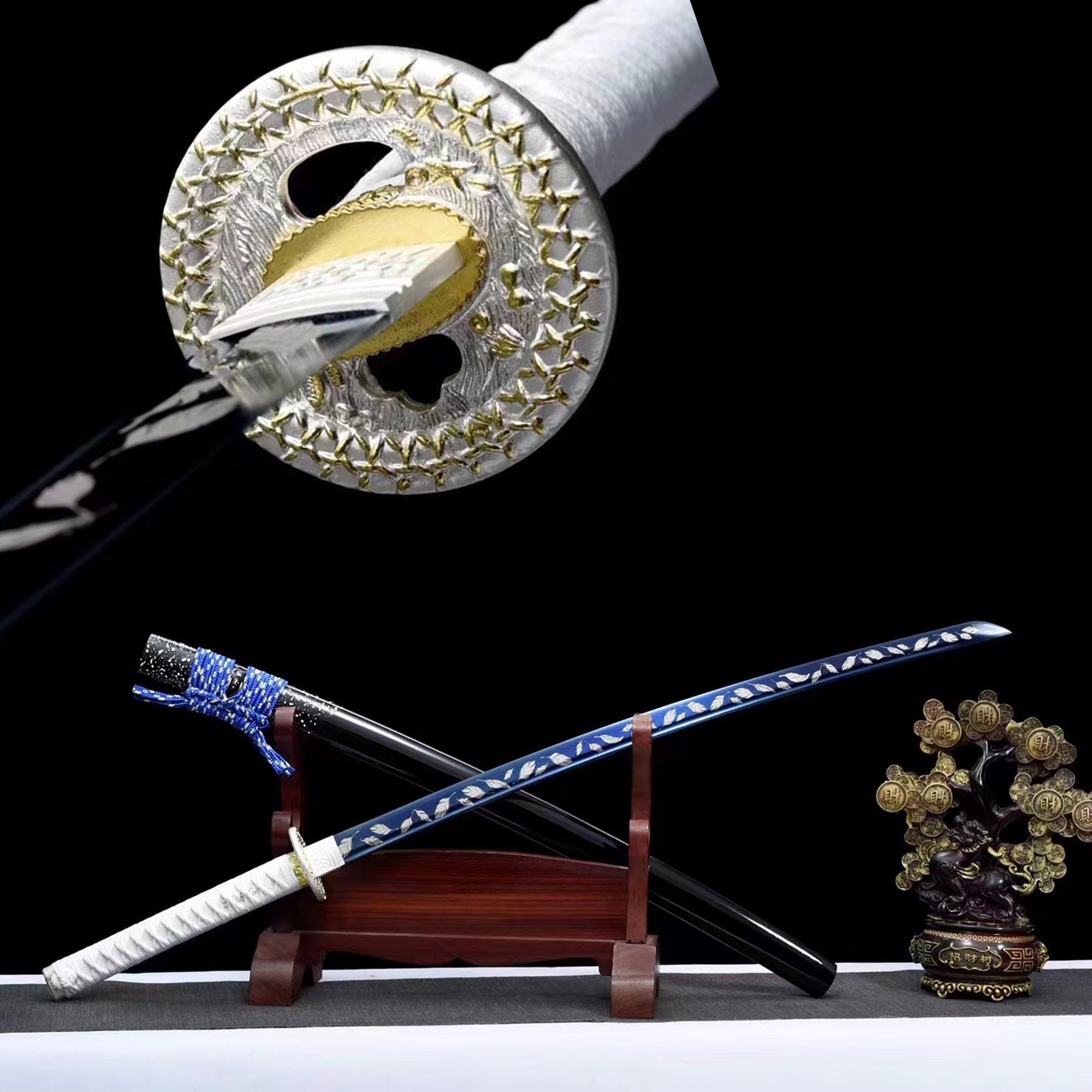 All Tang hand-forged katana 1060 steel blue blade Razor's Edge Samurai Sword Japanese Sword