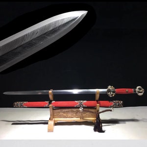 High-end Chinese sword, hand forged, Damascus steel feather pattern blade, gilt silver plated set, pearl fish skin scabbard