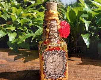 Könnte beinhalten: Eine quadratische Glasflasche mit Korkverschluss, umwickelt mit Schnur und goldenem Wachs. Die Flasche hat ein Etikett mit dem Text Elixir of Life und Sorcerer's Stone, verziert mit roten und goldenen Folienakzenten und einer kleinen Goldkette mit rotem Stein.