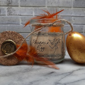 Phoenix Egg & Feathers | Magical Creatures Sample Specimen | Glass Jar Apothecary Potion Bottle | Witch and Wizard Prop Collectible