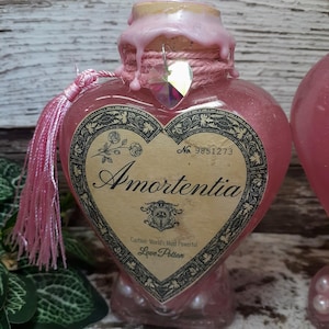 May include: A heart-shaped pink glass bottle labeled "Amortentia" with a decorative label and a pink tassel. The bottle has a pink wax seal and a crystal charm. The label reads "Caution: World's Most Powerful Love Potion."