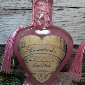 May include: A pink, heart-shaped glass bottle labeled "Amortentia Love Potion." The bottle has a cork stopper, pink wax, and a pink tassel. A heart-shaped crystal hangs from the neck. The label reads "Causes intense infatuation & obsession."