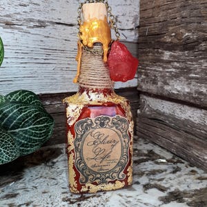 Könnte beinhalten: Eine dekorative Glasflasche mit roter und goldener Oberfläche, mit dem Text "Elixir of Life". Die Flasche ist mit einem Korken, einer Kette und einem roten Stein verziert. Die Flasche ist mit Bindfaden umwickelt.