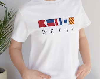 Nautical Flag Name Shirt, Personalized Boat Gift, Custom Signal Flag Tee, Sailing Gift for Boaters, Coastal Style T-Shirt, Maritime Gift