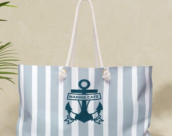 Bolsa náutica personalizada, bolsa grande de fin de semana, rayas azul cielo con ancla, bolsa de mano de vela personalizada, regalo náutico, bolsa de viaje