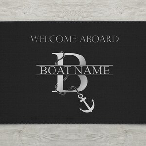 Welcome Aboard Boat Mat, Boat Owner Heavy Duty Floor Mat, Boating Mat, Personalized Boat Welcome Mat, Monogram Boat Name Outdoor Mat Black