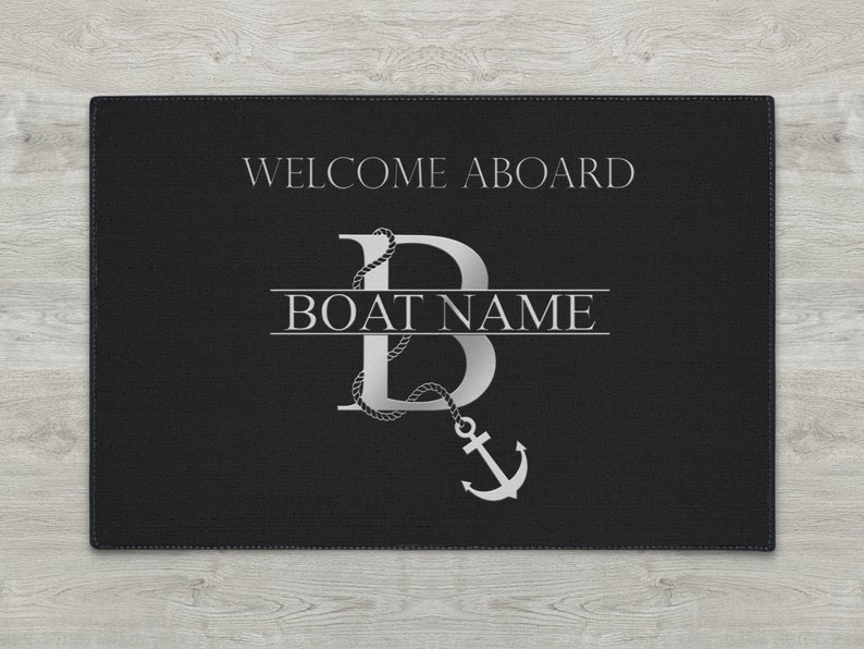 Welcome Aboard Boat Mat, Boat Owner Heavy Duty Floor Mat, Boating Mat, Personalized Boat Welcome Mat, Monogram Boat Name Outdoor Mat Black