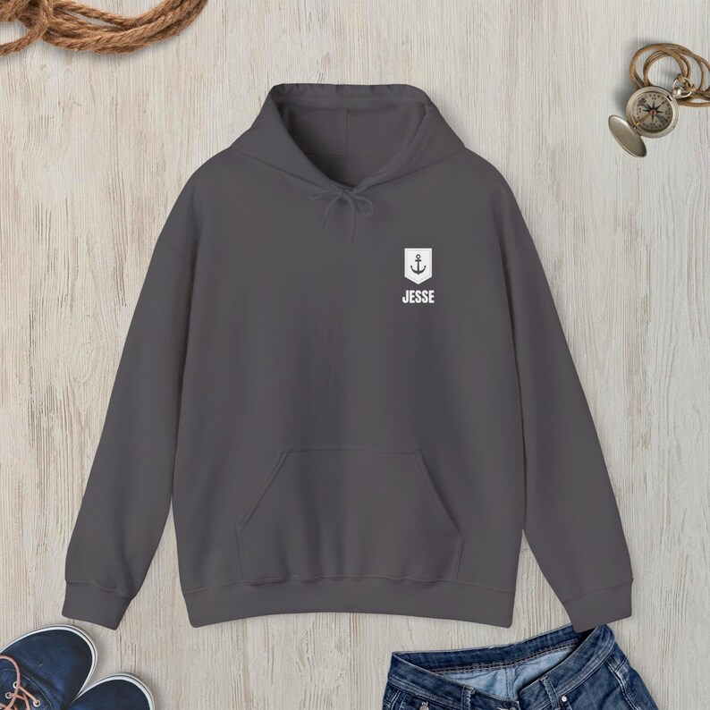 Personalized Nautical Hooded Sweatshirt, Hoodie Sweatshirt with Nautical Anchor, Custom Name Sailing or Boating Hoodie, Hoodie Gift Charcoal