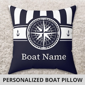 Personalized Boat Pillow, Nautical Pillow with Custom Boat Name, Compass Pillow for boat or yacht, Boat Accessories, Gift for Boat Owner