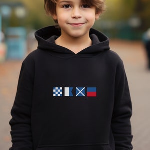 Personalized Nautical Flags Hooded Sweatshirt for Kids and Teens, Nautical hoodies in youth sizes, Custom maritime signal hoodie Black