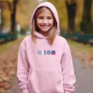 Personalized Nautical Flags Hooded Sweatshirt for Kids and Teens, Nautical hoodies in youth sizes, Custom maritime signal hoodie Light Pink