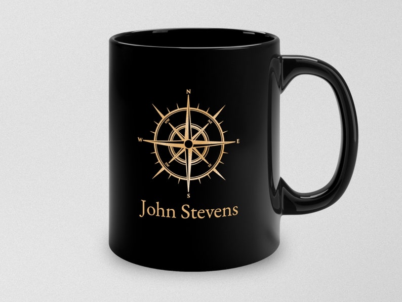 Personalized mug with nautical compass, Captain Mug, Boat Owner Mug, Nautical Gift, Black and gold mug image 1