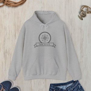 Personalized Compass Hoodie, Custom Name Nautical Hoodie, Boat Name Hoodie, Compass Hooded Sweatshirt, Boat Owner Gift, Sailor Gift Sport Grey