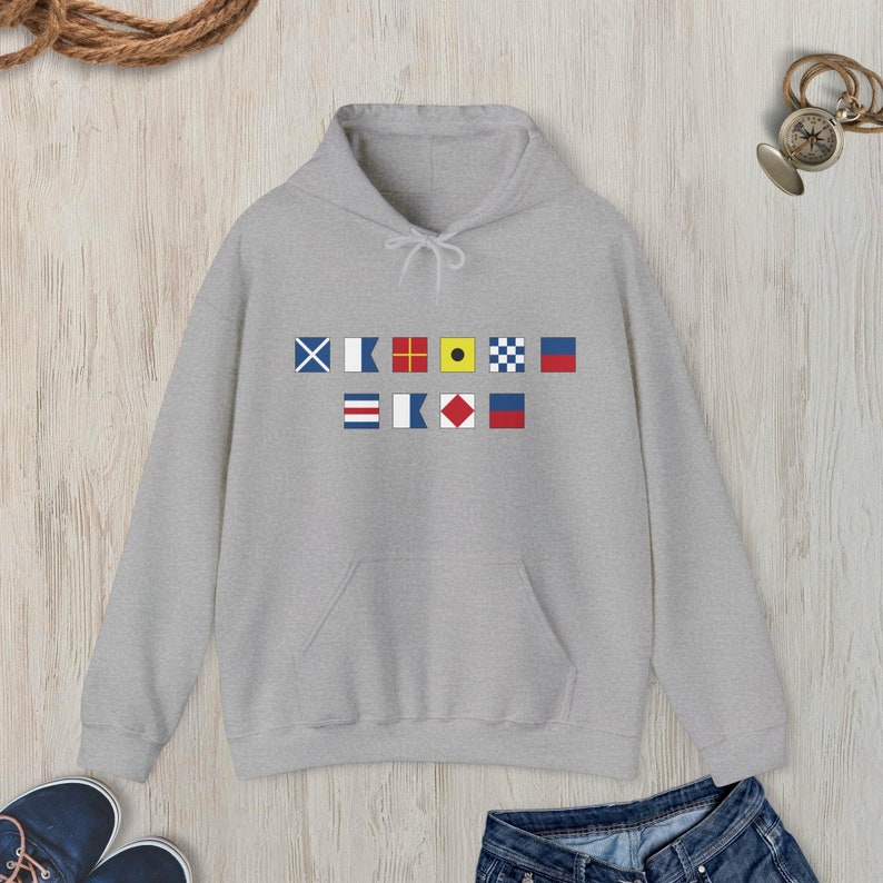 Personalized Nautical Flags Hooded Sweatshirt, Custom nautical flag hoodie, Maritime Flag, Captain hoodie, Maritime Signal sweatshirt Sport Grey