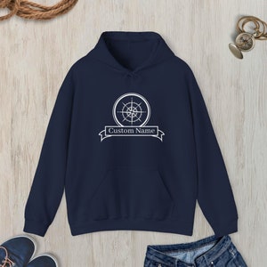 Personalized Compass Hoodie, Custom Name Nautical Hoodie, Boat Name Hoodie, Compass Hooded Sweatshirt, Boat Owner Gift, Sailor Gift Navy