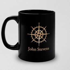 Personalized mug with nautical compass, Captain Mug, Boat Owner Mug, Nautical Gift, Black and gold mug image 2