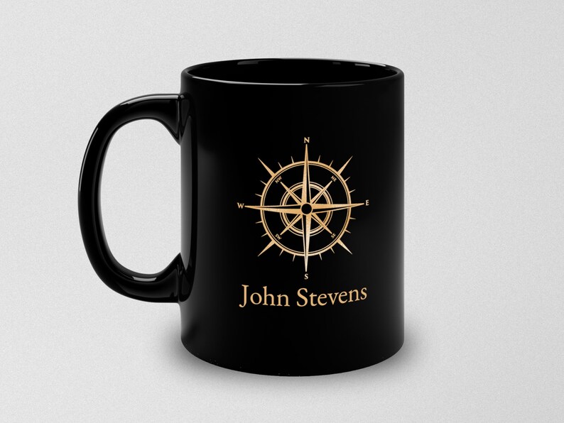 Personalized mug with nautical compass, Captain Mug, Boat Owner Mug, Nautical Gift, Black and gold mug image 2